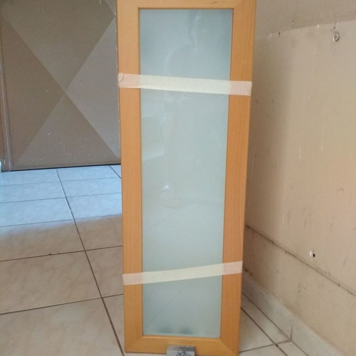 Bathroom cabinet used, lacquered ecru with oak frame and frosted glass door