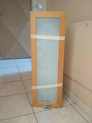 Bathroom cabinet used, lacquered ecru with oak frame and frosted glass door