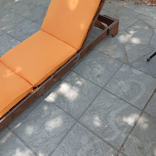 Beach sun loungers like new, wooden with cushions, set of 14