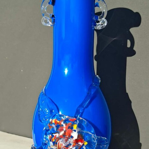 Blue Murano vase vintage like new, decorated with leaves and flowers