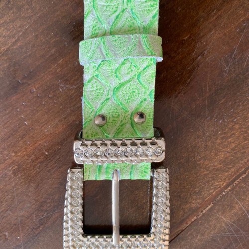 Women's leather belt new, green with snake design and rhinestones