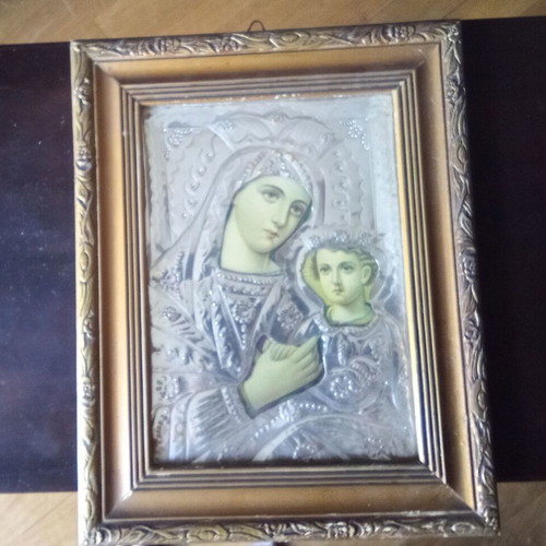 Holy Icon of Panagia Vrefokratousa Handmade Metal Used