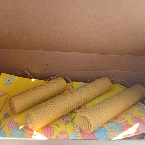 Handmade beeswax candles in decorative box with herbs and oils
