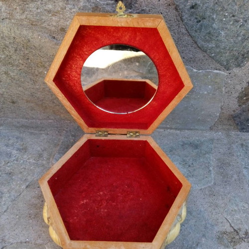 Jewelry box used from the 70s, wooden with mirror and velvet