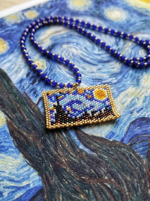 Handmade Van Gogh Miyuki Necklace with Glass Crystals and Gold Chain