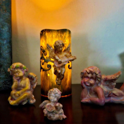 Set of 4 Handmade LED Candle Lamp and Cherub Decorations