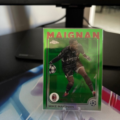 Mike Maignan 2024-25 Topps Chrome UEFA Club Competitions Green Refractor card near mint