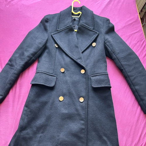 Stradivarius black coat, medium size, knee-length, gold buttons
