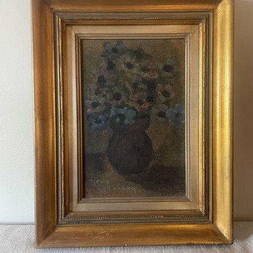 Oil painting on canvas Vase with flowers by Jenny Papadaki with carved frame