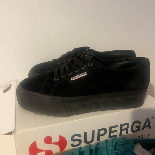 Superga black suede platform sneakers size 39 with green straw insole gift