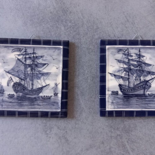 Vintage ceramic tiles pair handmade with sailing ship design, like new
