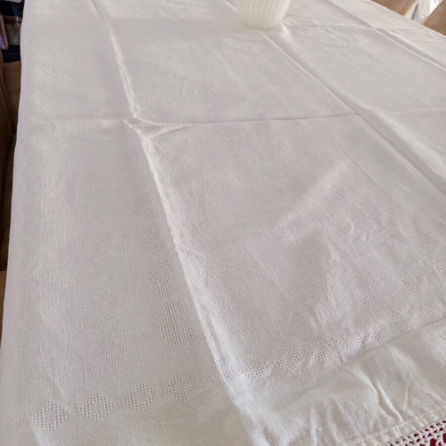 Handmade white tablecloth with thick crochet lace, like new