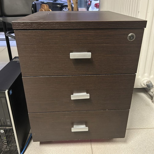 Office furniture set with wardrobe, drawers and support unit, dark wood