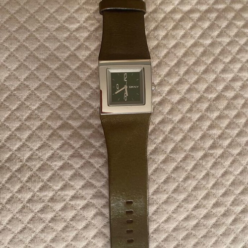 DKNY women's watch with square dial and khaki leather strap like new