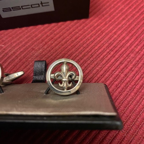 Silver Ascot cufflinks in luxury wooden box with Fleur de Lis