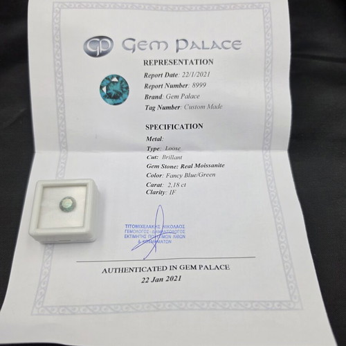 Moissanite 2.18ct Fancy Blue Green IF Certified Gem Palace