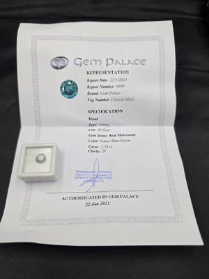 Moissanite 2.18ct Fancy Blue Green IF Certified Gem Palace