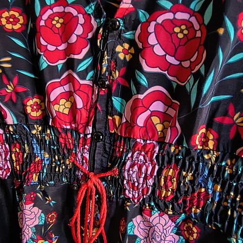 Asymmetric boho maxi dress with peacock and floral pattern, black