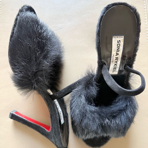 Sonia Rykiel vintage sandals with rabbit fur new, size 38, black