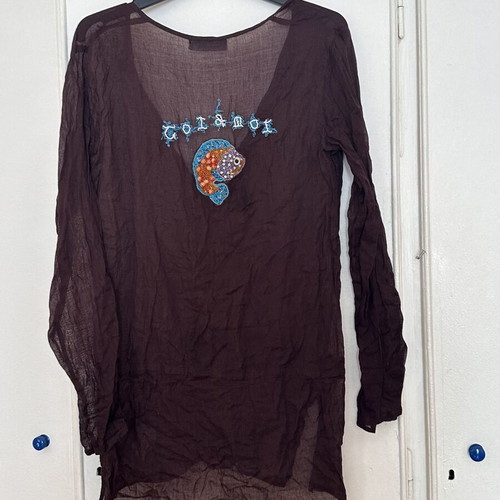Kaftan shirt with embroidery and stones, like new, brown, size M
