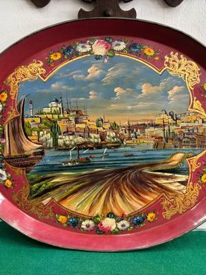 Handpainted old tray from Constantinople used, depicting Hagia Sophia
