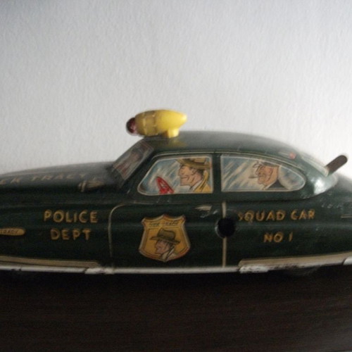 Dick Tracy Police Car tin toy used, wind-up, 1950s