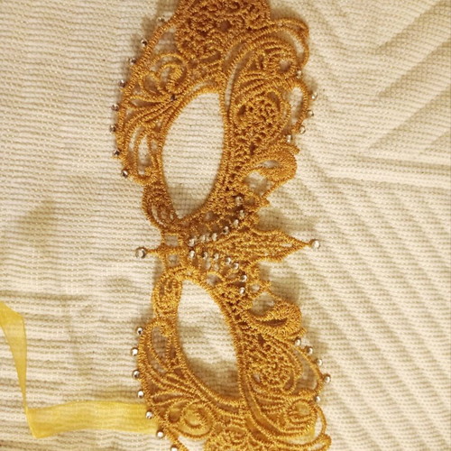 Gold carnival mask new with rhinestones and ribbon