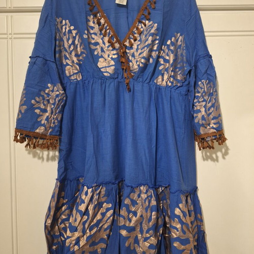 Blue dress with brown tassels like new, cotton, bronze prints