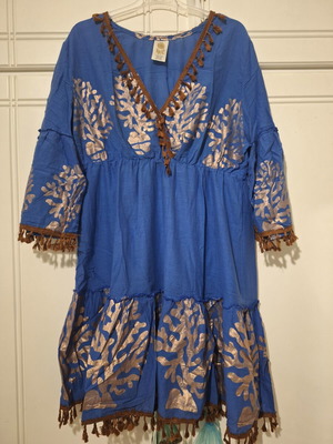 Blue dress with brown tassels like new, cotton, bronze prints