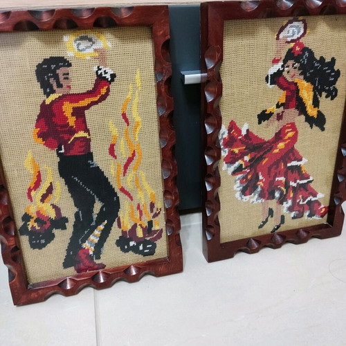 Vintage embroidered dancers paintings on wood like new, set of 2