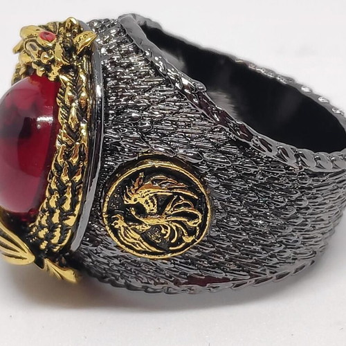 Blood Dragon's Eye Gothic men's ring, bronze with red stone and dragon relief