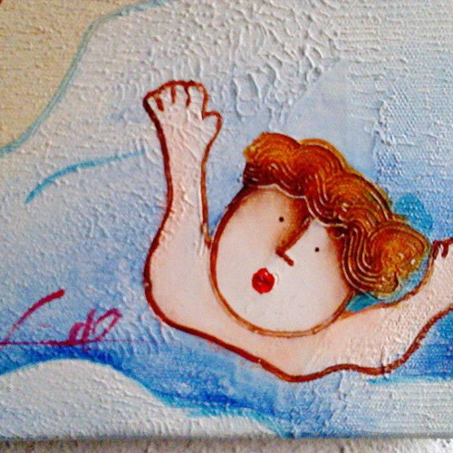 Children's canvas painting signed, like new, summer beach scene