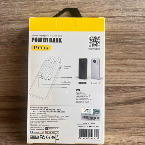 Awei P133K Power Bank 10000mAh with Built-in Cables and LED Display
