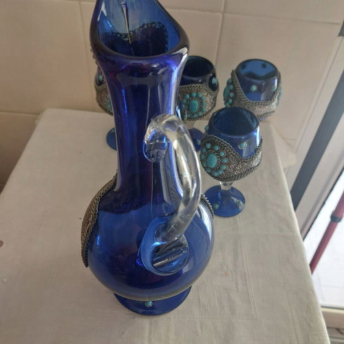 Indian glass jug set with 6 glasses decorated with alpaca and turquoise stones