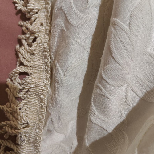 Damask jacquard tablecloth vintage, white 170x170cm with fringes, used