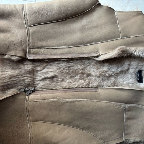Mouton fur vest used, genuine, gray and beige