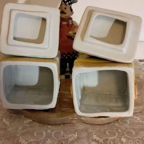 Kitchen spice set like new with ceramic jars and bamboo wooden tray