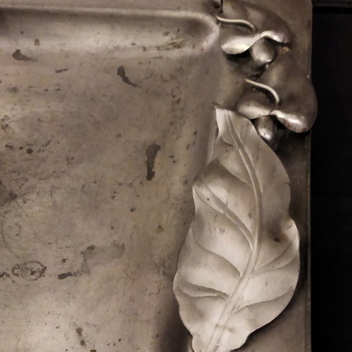Vintage decorative set vase and rectangular tray Art Nouveau pewter finish