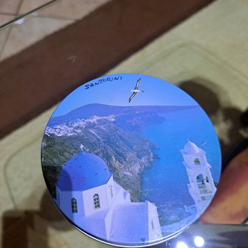 Santorini metal coasters new, set of 6 with cork
