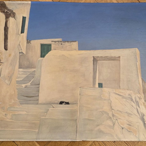 Antonis Politakis Painting Chora of Ios tempera on cardboard used