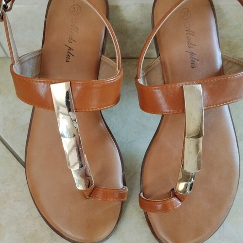 Flat sandals used, tan with metallic detail, size 37
