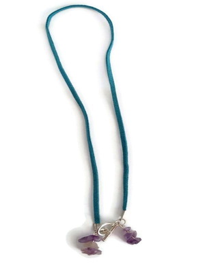Handmade necklace with amethyst on blue leather velour cord new