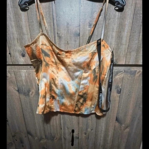 PrettyLittleThing Satin Corset Crop Top, orange tie-dye