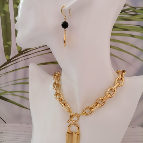 Gold chunky chain with steel padlock pendant