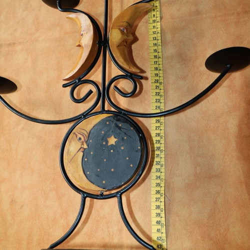 Handmade candle holder 5 candles wood-carved painted sun&moon new