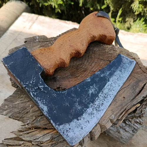 Antique hand axe used, oak handle with genuine leather