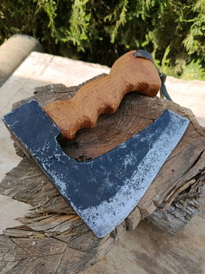 Antique hand axe used, oak handle with genuine leather