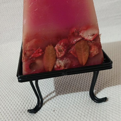 Handmade decorative candle with dried flowers and metal base new