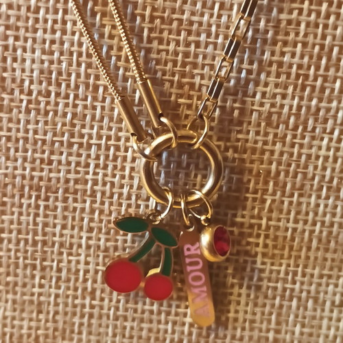 Handmade summer necklace with cherries, charm amour and red stone