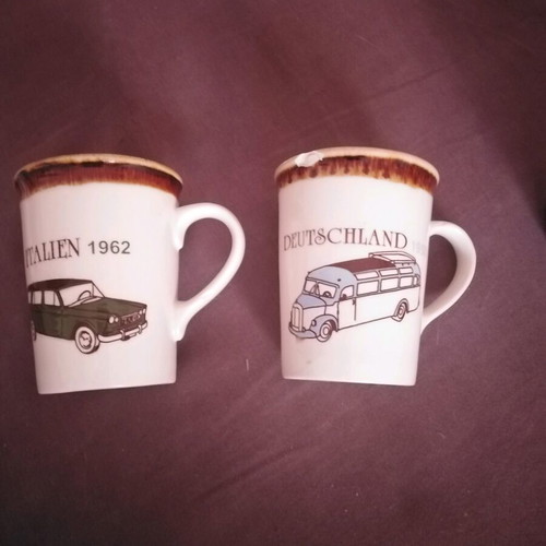 Staffordshire ceramic mugs used, set of 2 with vintage car designs